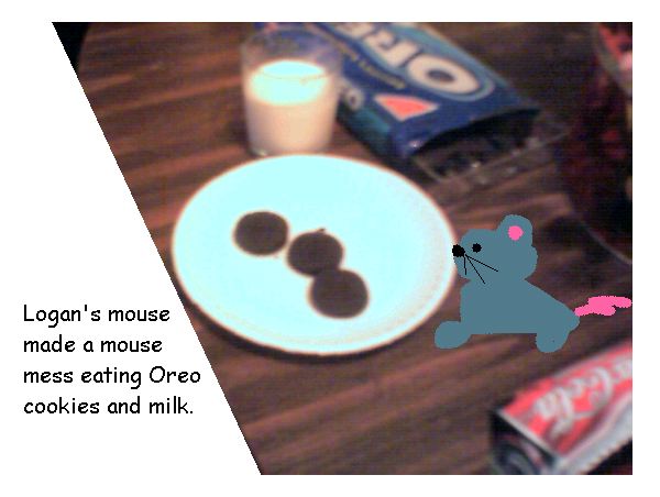 mouse on a table with milk and oreo cookies